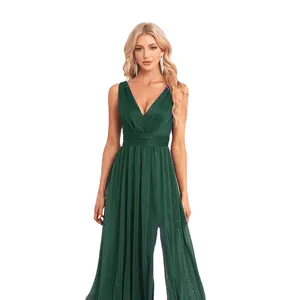 Sparkly chiffon sleeve evening gown double V-neck A-line bridesmaid party dress with side slit mop weddings