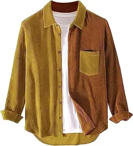 Tops de manga larga para primavera y otoño para hombre, camisa informal de PANA con bloque de color Marrón y Amarillo