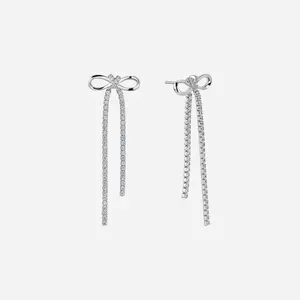 925 Sterling Silver 14/18K Gold Plated CZ Ladies Moissanite Tennis Long Tassel Drop Bow Knot Stud Jewelry Earrings For Women