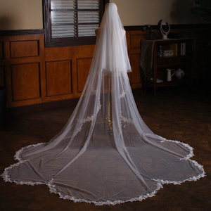 Velo de novia largo Simple Super Fairy Tail Flower Edge Doble máscara blanca Viaje DE BODA Sombreros DE BODA Velo de cola bordado - Product Image 3