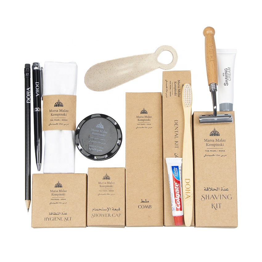 Kit di servizi per Hotel di lusso forniture per Hotel ecologiche biodegradabili Set di igiene per ospiti usa e getta con scatola di carta Kraft