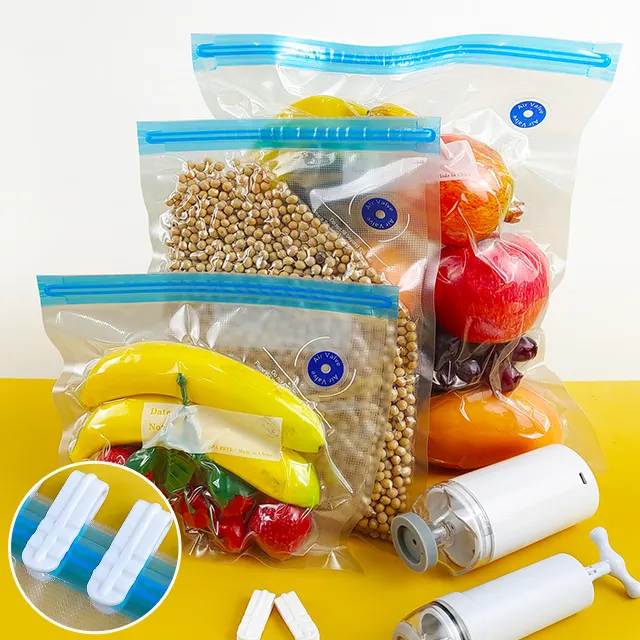 En stock bolsa de envasado de alimentos sellada al vacío de un lado con sello lateral de 3 en relieve con válvula de aire bolsa de almacenamiento de alimentos con bomba con cremallera superior