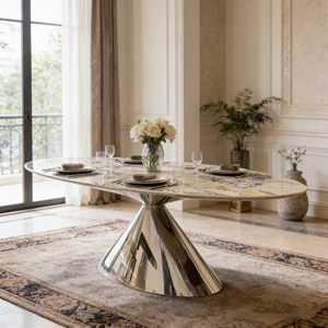 Tavolo da Pranzo di Lusso di Alta Gamma con Piano in Marmo e Base Riflettente per Casa Moderna - Product Image 1