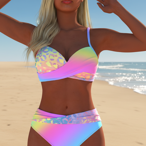 Ensemble de bikini imprimé léopard irisé pour femmes, maillot de bain rave, arc-en-ciel pastel, coloré, push-up, vêtements de plage pour festival, grande taille XL <span class=keywords><strong>XXL</strong></span> - Product Image 1