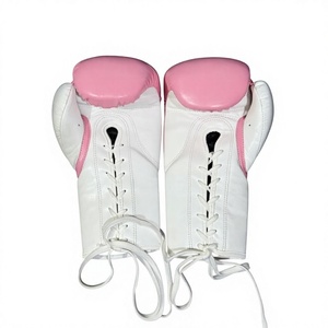 ถุงมือชกมวยหนังแท้สีชมพูขาวแบบผูกเชือก สำหรับฝึกซ้อมและแข่งขัน  รุ่น No Boxing No Life  ผลิตตามสั่ง สำหรับมืออาชีพ - Product Image 2