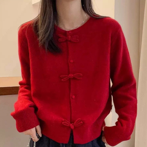 <span class=keywords><strong>Cardigan</strong></span> Elegante da Donna Primaverile Monopetto <span class=keywords><strong>Lungo</strong></span> <span class=keywords><strong>Rosso</strong></span> con Fiocco Lavorato a Maglia con Colletto Abbottonato Motivo Tinta Unita Decorazione Floreale - Product Image 4