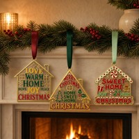 Ornement de Noël en métal doré en forme de maison, gravé avec le message « Love Warm Home », avec ruban doré pour arbre de Noël