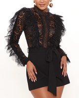 Vêtements pour femmes, combinaison longue à manches longues en dentelle et à volants, noire, sexy, transparente