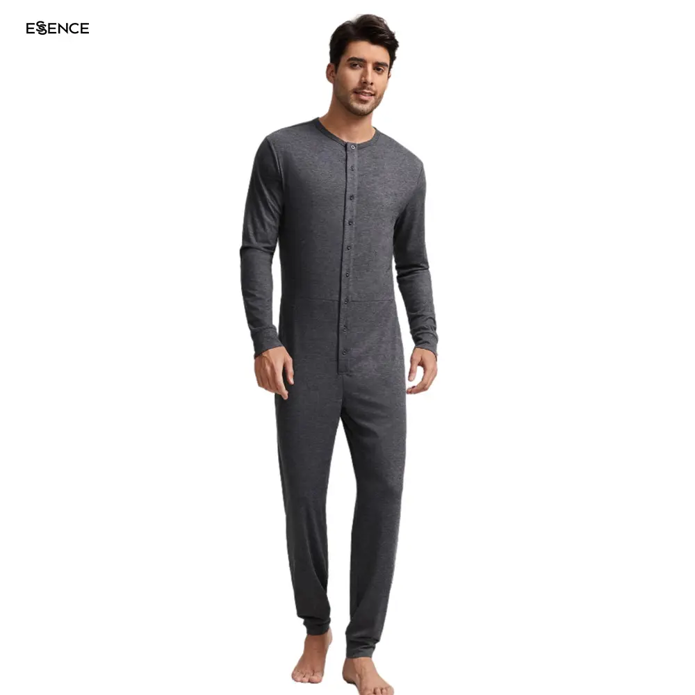 Long Bamboo Button Mens Sleepwear Pyjama Jumpsuits Cotton Custom Adult 1 Piece Men Onesie Pajamas