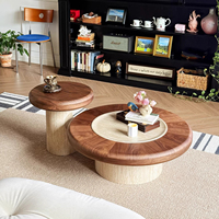 Juego de Mesa de Centro Redonda Rústica con Tapa de Madera Enchapada en Nogal y Pedestal de Madera para Sala de Estar, Decoración Acogedora