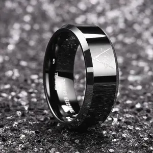Toptan lüks 8mm eğimli cilalı siyah moda nişan düğün Band lazer siyah volfram karbür yüzük erkekler kadınlar için