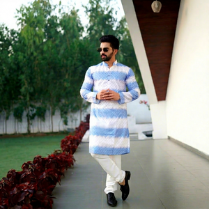 <b>Men's</b> Blue White Ikat Printed Cotton <b>Kurta</b> Regular Fit Knee Length Traditional Casual Party Wedding XL Reversible Quick Dry - Product Image 1