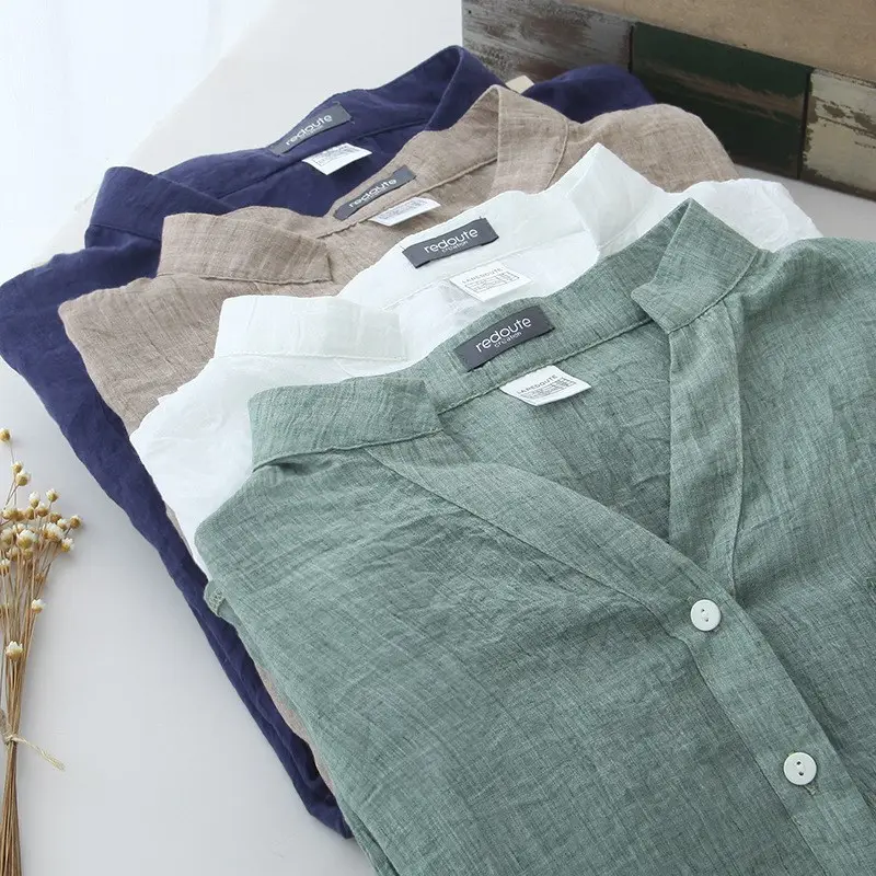 Summersuntan Clothing Blouse Small Fresh Loose Cotton And Linen Three-Quarter Sleeve Stand Collar Shirt Women'S Linen Shirt