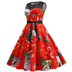 Vintage Swing Christmas Dress Lace Patchwork 50s Casual Holiday Vestidos sin mangas Runway Midi <span class=keywords><strong>Pinup</strong></span> a Line Flare Vestidos - Product Image 5
