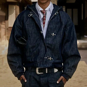 Chaquetas Vaqueras de Mezclilla para <span class=keywords><strong>Hombre</strong></span>, Estilo Bombero, con Capucha, Cierre de Botones, Diseño Cuadrado, Desgastado, Vintage, Japonés, Fabricantes - Product Image 1