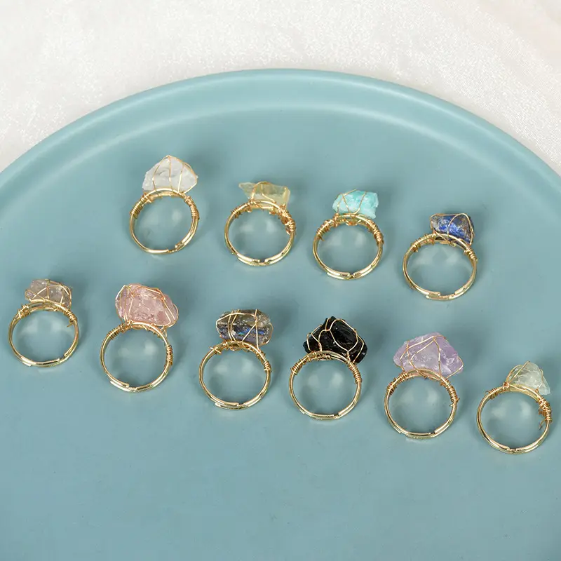Natural Stone Winding Ring Adjustable Raw Stone Ring for Women Amethyst Rose Quartz Amazonite Fluorite Crystal Stone Ring