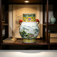 Urne décorative en porcelaine à motif paysage oriental, peinture chinoiserie pavillon montagne, vase en porcelaine avec oreilles d'éléphant