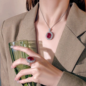 Ensemble de bijoux pendentif bague en cuivre motif nid d'oiseau avec zircone cubique bleue ovale taillée 5*18mm, style vintage et tendance, pour usage quotidien - Product Image 6