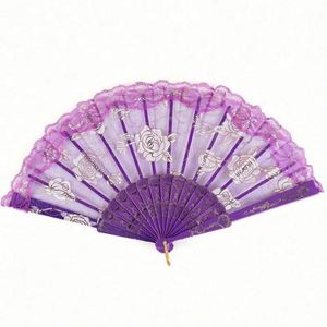 Hot Sale Fashion Foldable Lace <b>Edge</b> Rose PP Hot Stamping <b>Plastic</b> Bone Hand Fan 23x42.5cm Custom Tags for Wedding Gift - Product Image 1