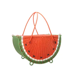 XH-cesta tejida de plástico para pícnic, canasta de mimbre de resina con mango oscilante para sandía, con asas y tapa