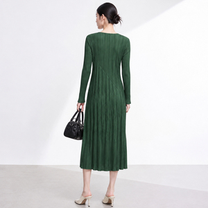 Women's Long Sleeve Casual Ruched Pleated Midi <b>Dress</b> Solid Color Minimalist Style Polyester Breathable Fitted <b>Elastic</b> Washable - Product Image 6