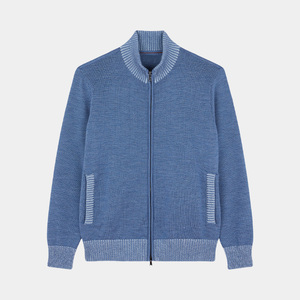 Bán Buôn Biểu Tượng Tùy Chỉnh Thiết Kế OEM & ODM Dài Tay Áo O-Cổ Chắp Vá Với Zip Ánh Sáng Màu Xanh Người Đàn Ông Của Len Dệt Kim Cardigan Áo Len - Product Image 1