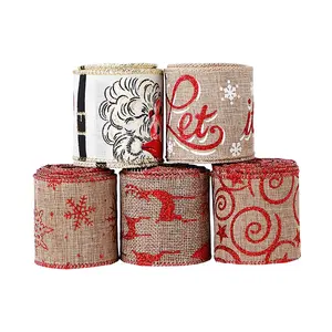 MSD 6.3cm Width Christmas Burlap Gold Print Pattern Wired Edge Ribbon And Support Customization Manufacturer