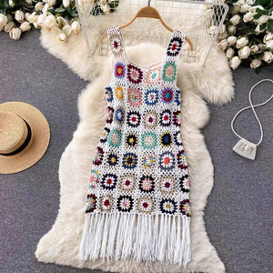 HZ Vestido de Fiesta Natural de Verano <span class=keywords><strong>Bohemia</strong></span> para Mujer, de Punto Holgado, con Falda de Ganchillo en Línea A, Diseño Sencillo de Flores Caladas y Flecos - Product Image 3
