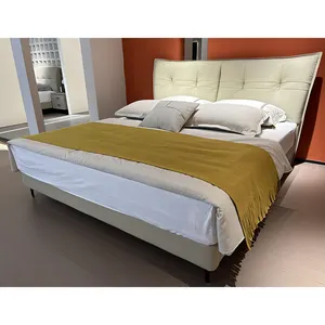 Hotel Luxury King Size Wooden Frame Bed First Layer Cowhide Leather Headboard Bedroom Furniture Hotel Beds