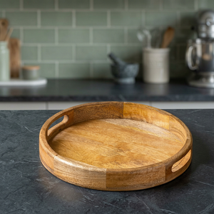 Round Eco Friendly Handmade Wooden Serving <b>Tray</b> for <b>Tea</b> & Coffee Dishwasher & Microwave Safe Household Use American Style - Product Image 1