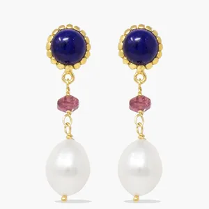 Lapis jewelry for womenPearl Gold Plated Drop Earrings Natural Lapis Pink for women