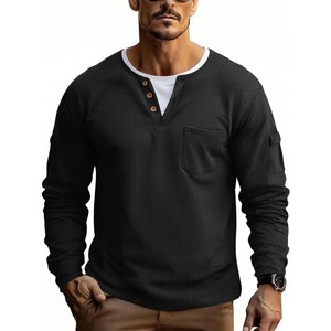 Camiseta Henley de Manga Larga para Hombre, Talla Grande, Texturizada, Lisa, Informal, con Bolsillo en el Pecho, para Otoño e Invierno - Product Image 1