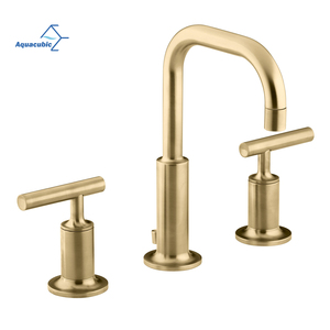 Aquacubic CUPC Brushed Gold 8 Inch Brass Sink Faucet 3 Hole Widespread Bathroom Faucet With Water Supply Lines