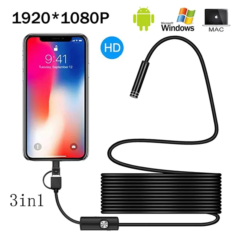 3IN1 USB C Industrial Endoscope Camera IP67 Waterproof OTG 7mm Portable Flexible Borescope Inspection Rigid Camera