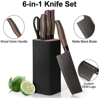 Ensemble de couteaux de cuisine 6 pièces en acier inoxydable personnalisé, ambidextre, durable, avec manche en bois grainé et lame noire mate, bloc de rangement, OEM, marque privée