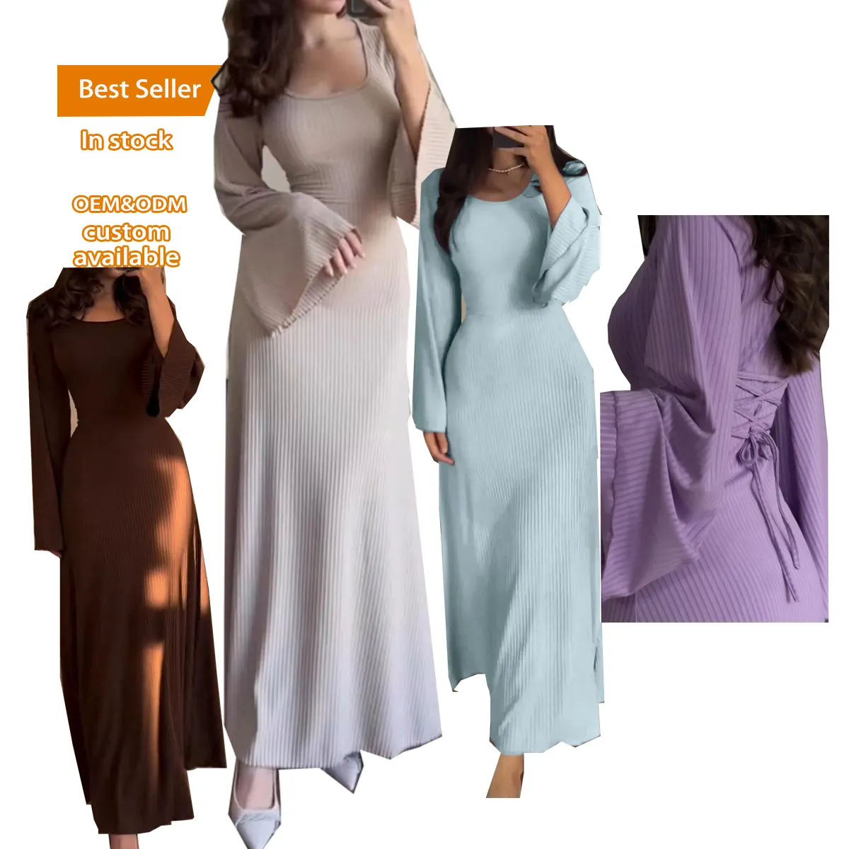 Pronto para enviar entrega rápida Em estoque Item Mulheres Moda Casual Outono Cor Sólida Manga Longa Sexo Maxi Dress