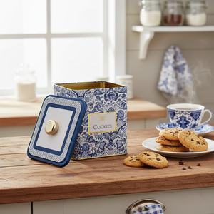 Kontensan ER0232I 1.8L Azulejo-Inspired Blue White Decorative <b>Pattern</b> 120x120x137mm Metal Square Box Knob Handle <b>Paper</b> Box - Product Image 3