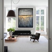 Arte Mural Enmarcado Gold Horizon, Pintura Abstracta en Lienzo Gris Texturizado, Decoración de Sala de Estar, Texturizada en 3D, Hecha a Mano con Óleo