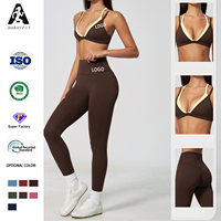 Logo Kustom Grosir Set Yoga 2 Potong Wanita Warna Kontras Sport Bra Legging Pinggang Tinggi Bahan Bernapas Set Olahraga Fitness Gym