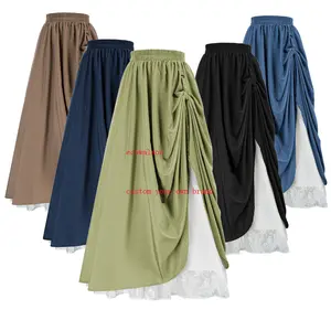 Ecowalson, media falda de encaje renacentista victoriano doble para mujer, falda renacentista Vintage plisada drapeada de Color sólido para mujer 2024