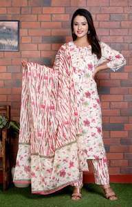 Ensemble Kurta décontracté en coton 100% respirant avec broderie florale, pantalon long jusqu'aux chevilles et dupatta, y compris la décoration de motifs - Product Image 3