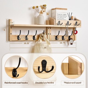 Wooden Wall Mounted <b>Shelf</b> With <b>Hooks</b> For Entryway Storage And Organization Natural Wood Color Rectangle Shape - Product Image 4