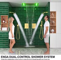 Système de douche cascade premium avec double pommeau de douche rectangulaire de 6 pouces, ensemble de robinetterie LED doré brossé 14x20 pouces