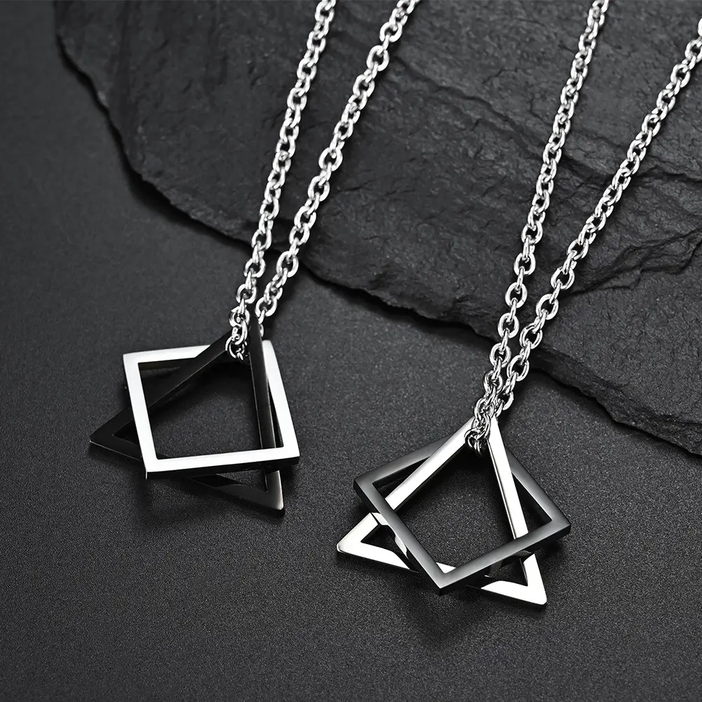ファッション幾何学三角形の正方形の組み合わせチタン鋼ネックレスヒップホップカップルペンダントステンレス鋼メンズジュエリー