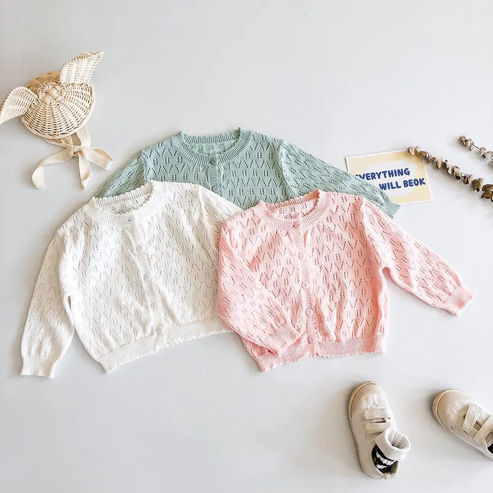 बेबी न्यू स्वीट प्रिंसेस सॉलिड कलर कार्डिगन सनस्क्रीन वातानुकूलित शर्ट लंबी आस्तीन बुना हुआ खोखला कोट 3 रंग