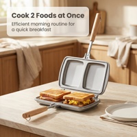 Poêle à sandwich double en aluminium antiadhésive avec poignée en bois pour cuisinière à gaz, idéale pour le petit-déjeuner, les paninis et les fromages grillés