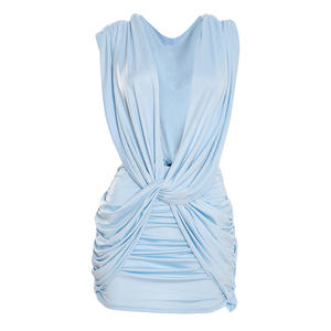 Viviblook Q26DS014 Vestido de Verano para Mujer, Nuevo, Color Sólido, Casual, Cruzado, Sin Mangas, Plisado, Ajustado, Mini Vestido de Fiesta - Product Image 4