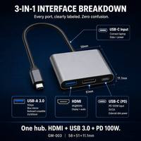 Base de Conexión USB C 3 en 1, HDTV 4K60Hz, PD100W, USB3.0 5Gbps, Adaptador HDTV Tipo C, Aluminio Anodizado, Plug and Play para Laptop, Teléfono, TV