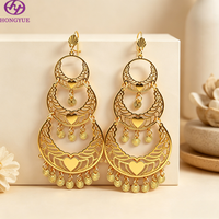 Anting-anting liontin berlapis emas 24K dengan desain hati, berumbai, berlapis-lapis, panjang, besar, bergaya Dubai untuk pengantin wanita.
