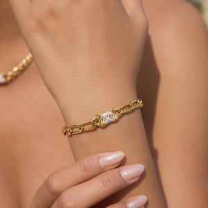 Gold Chain Necklace And <b>Bracelet</b> <b>Set</b> With Square Zircon Bezel Setting For Everyday Wear - Product Image 3